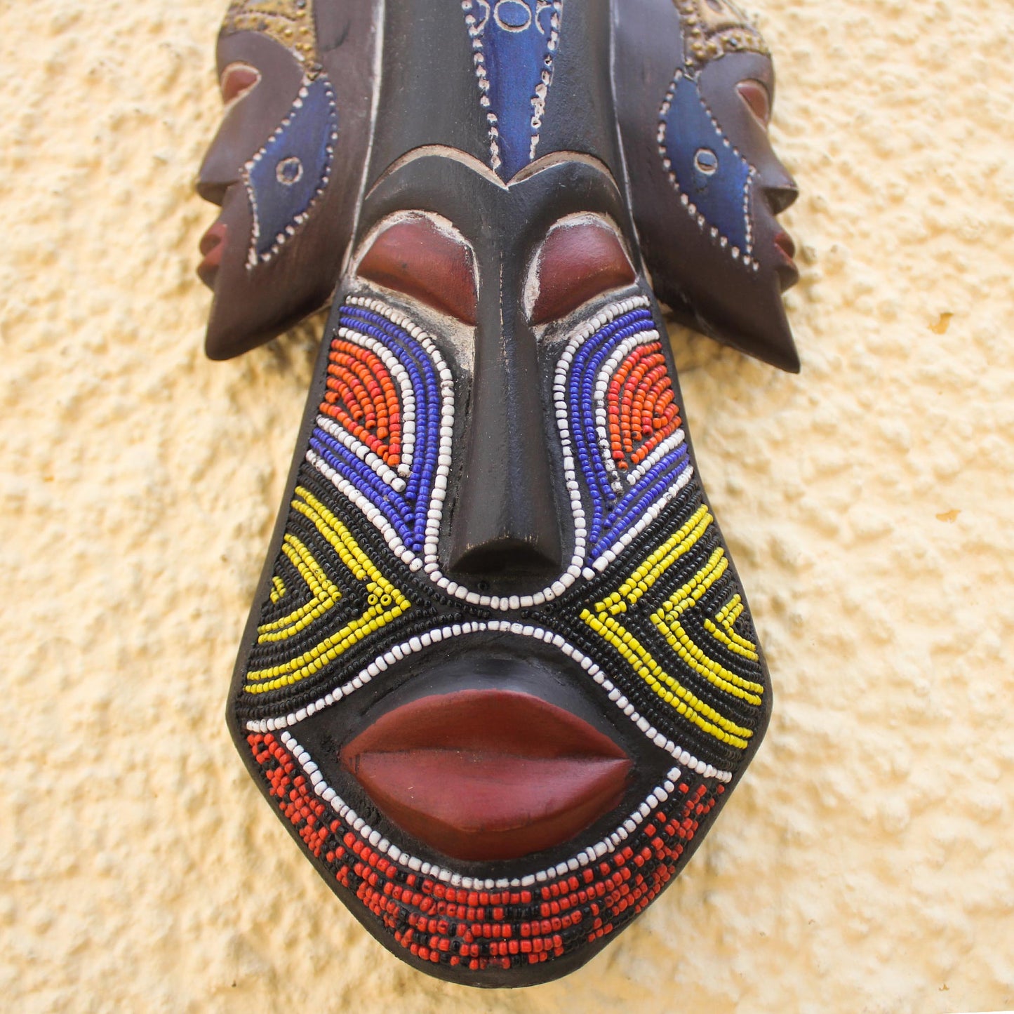 Glorious Work Beaded Wood Three Faced African Wall Mask Crafted by Hand