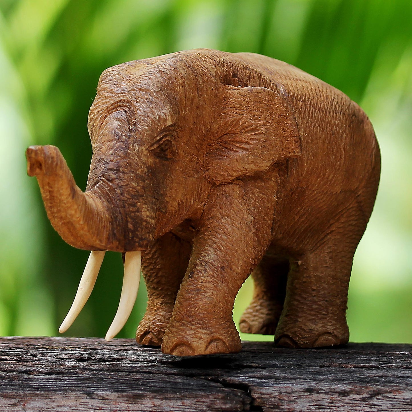 Elephant Gait Hand Carved Thai Rustic Teak Wood Sculpture of an Elephant