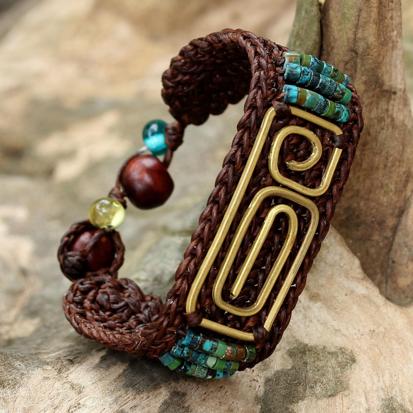 Siam Fortress Brown Brass and Reconstituted Turquoise Wristband Bracelet