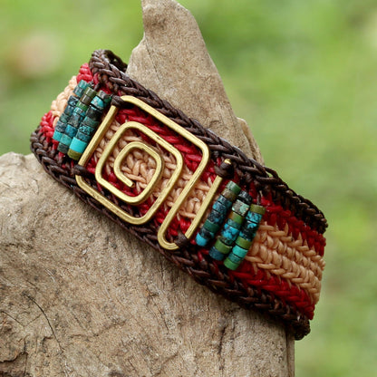 Siam Maze Beige and Red Brass and Reconstituted Turquoise Bracelet