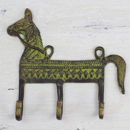 Helpful Horse Antiqued Brass Horse Theme 3.Hook Coat Rack from India