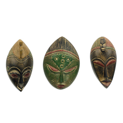 Messengers of Justice Set of Three Sese Wood African Masks Handmade in Ghana