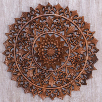 Padma Parade Circular Floral Wood Wall Relief Panel from Indonesia