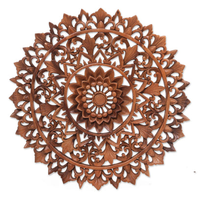 Padma Parade Circular Floral Wood Wall Relief Panel from Indonesia