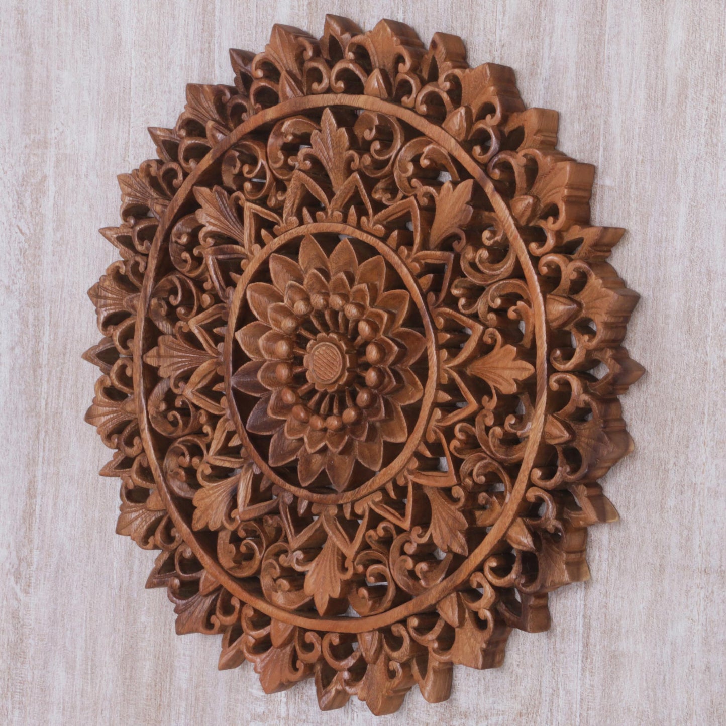 Padma Parade Circular Floral Wood Wall Relief Panel from Indonesia