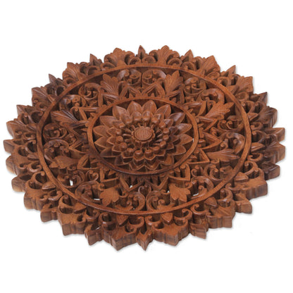 Padma Parade Circular Floral Wood Wall Relief Panel from Indonesia