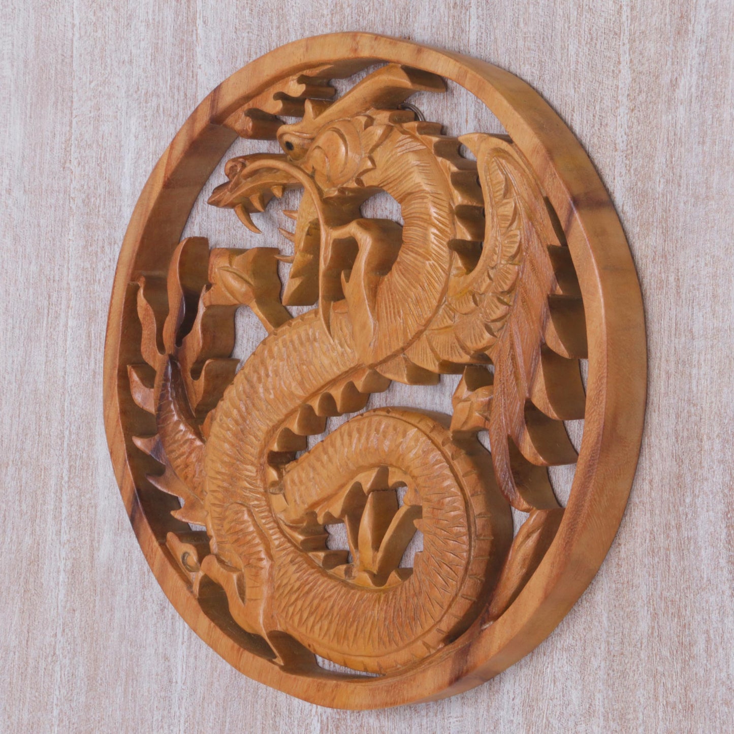 Enraged Dragon Suar Wood Wall Relief Panel of a Dragon from Indonesia