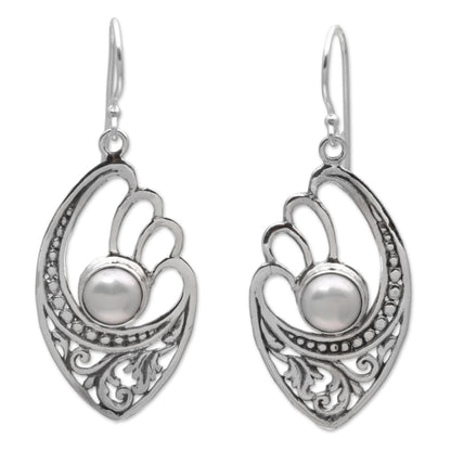 White Wings White Cultured Pearls on Sterling Silver Balinese Earrings