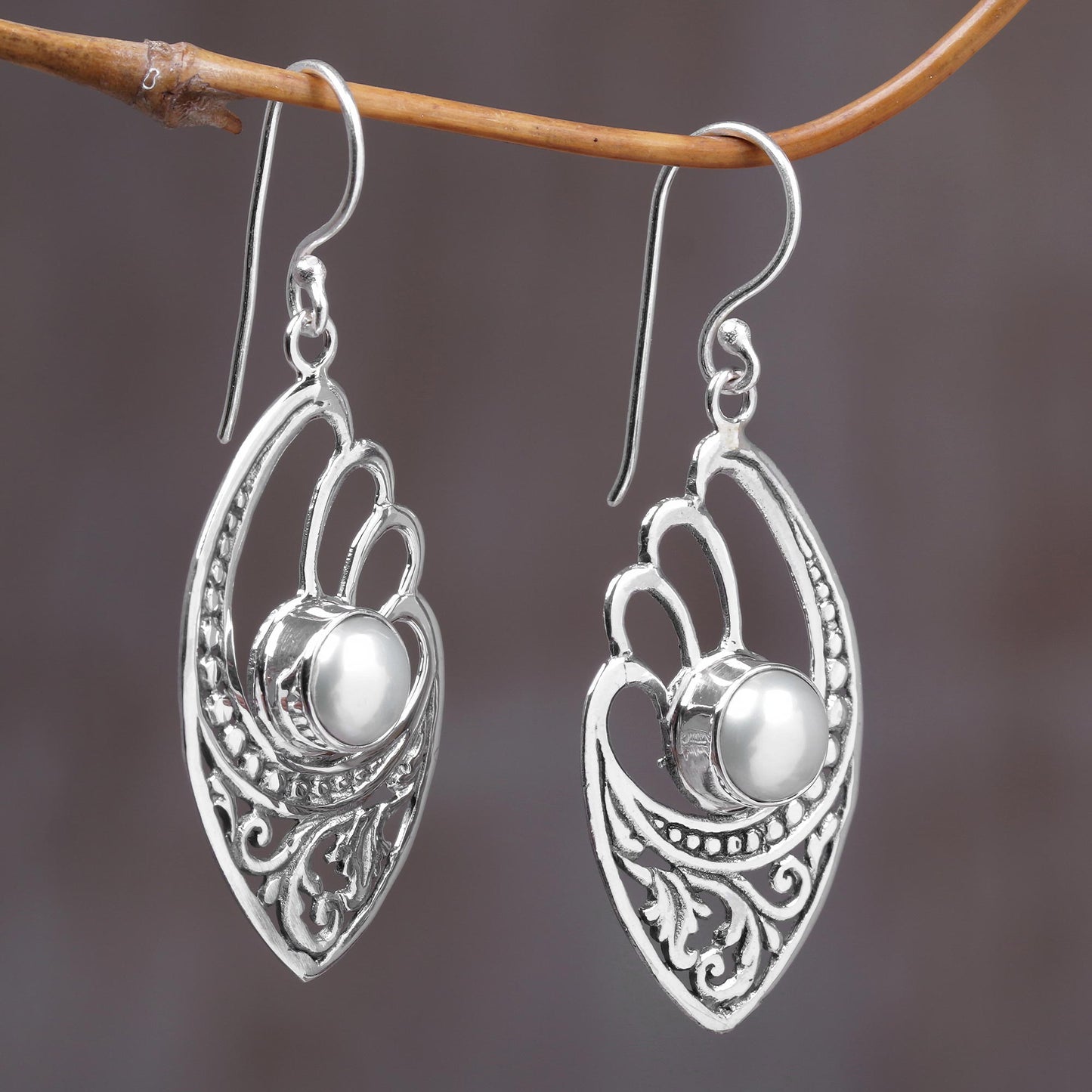 White Wings White Cultured Pearls on Sterling Silver Balinese Earrings