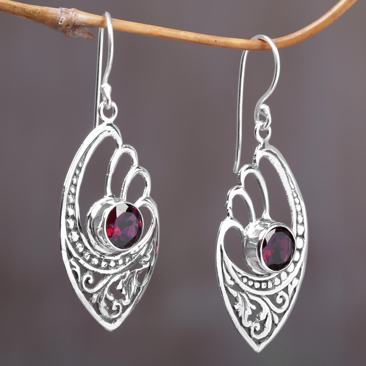 Red Wings 2 Carats Garnet and Sterling Silver Balinese Earrings