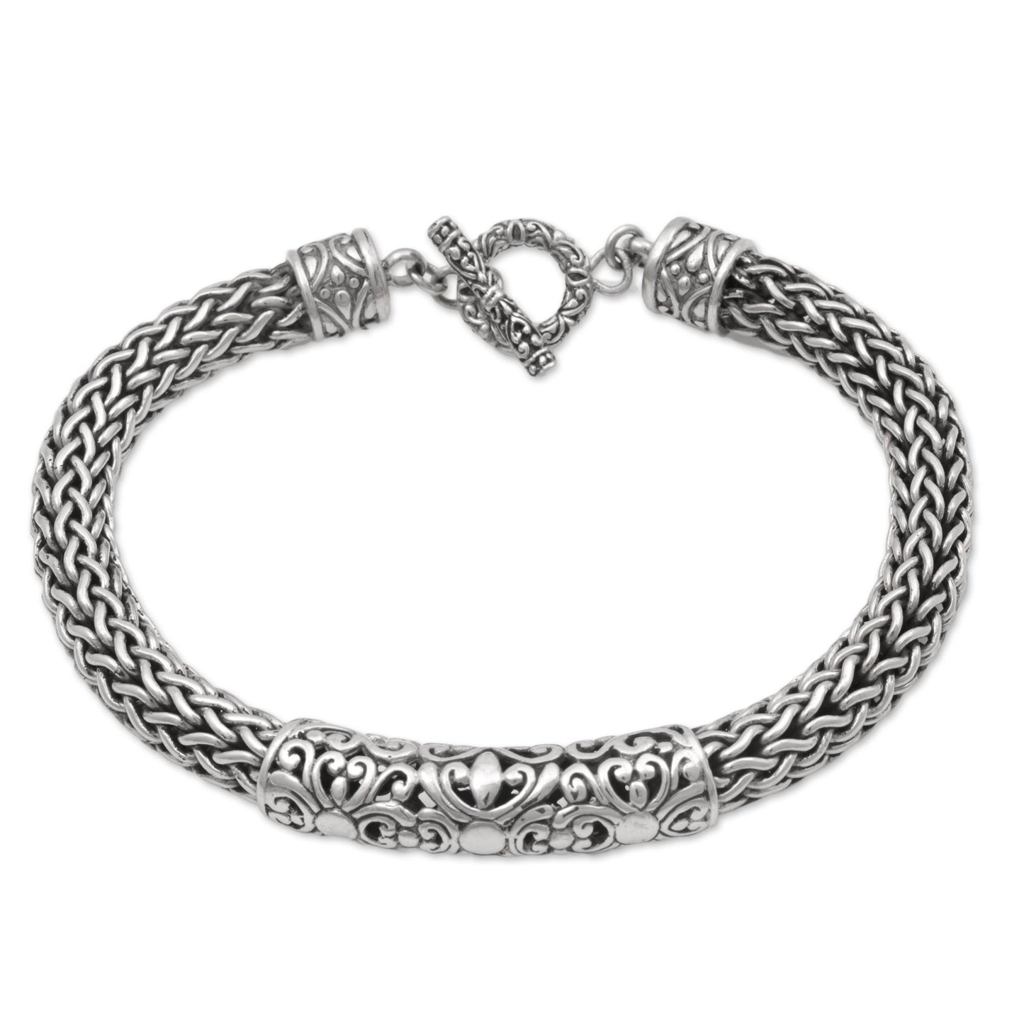 Floral Dragon Artisan Braided Sterling Silver Floral Pendant Bracelet