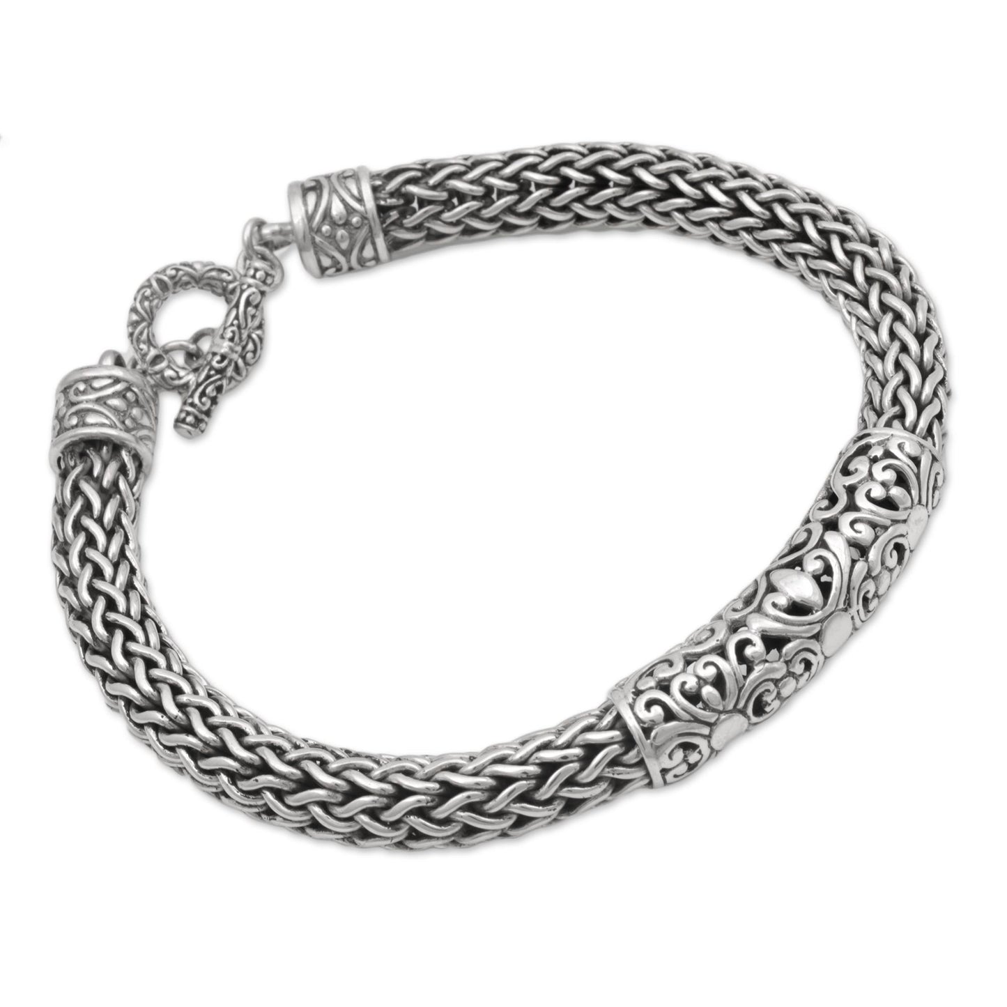 Floral Dragon Artisan Braided Sterling Silver Floral Pendant Bracelet