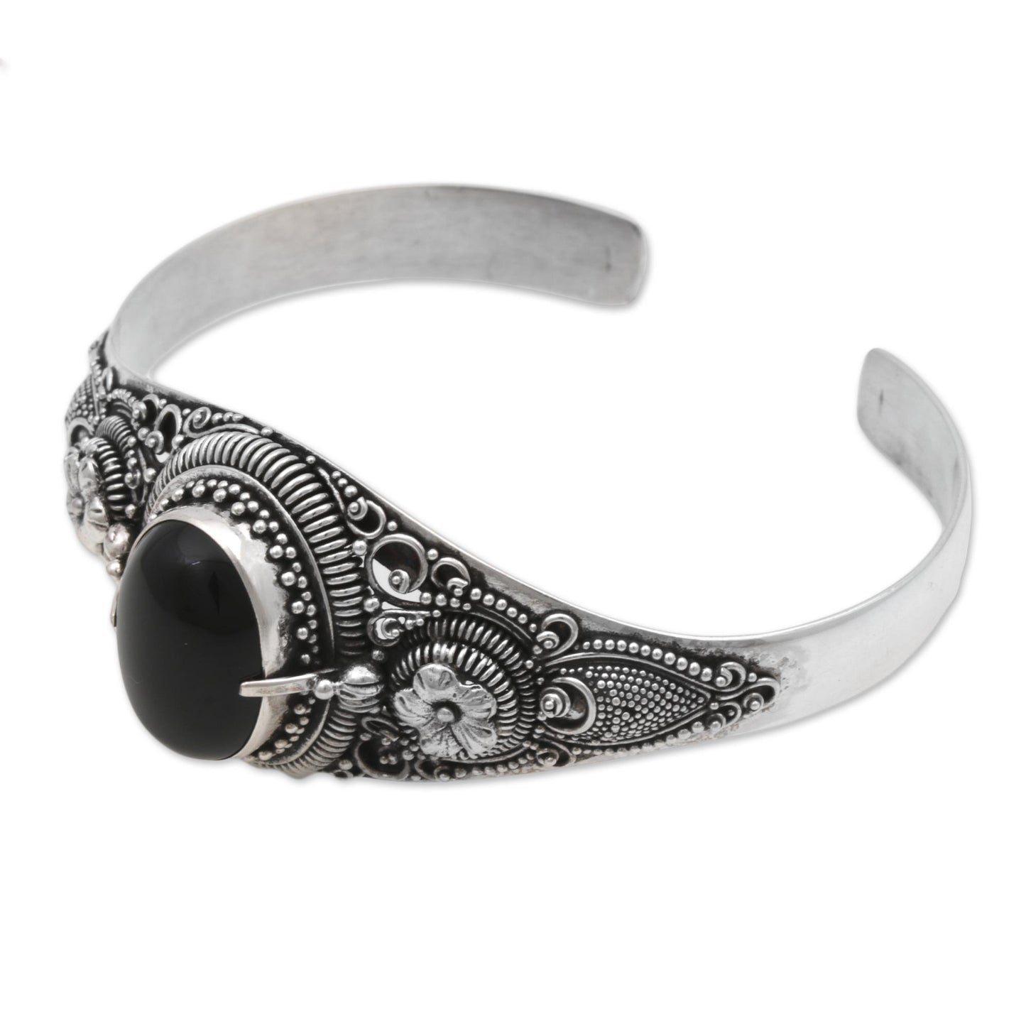 Balinese Magic In Black Onyx & Silver Floral Bracelet