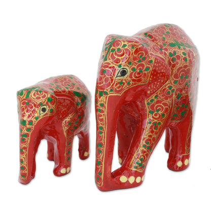 Maternal Glow Set of Two Indian Painted Floral Wood Elephant Sculptures