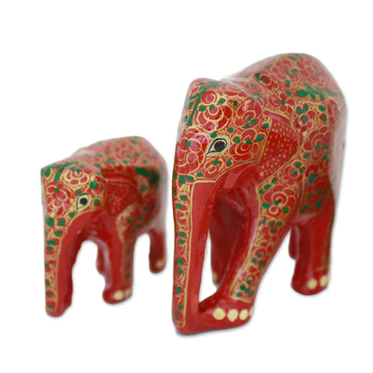 Maternal Glow Set of Two Indian Painted Floral Wood Elephant Sculptures