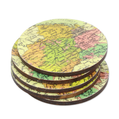 Countries of the World Round Laminated Wood Map Coasters (Set of 5) from India