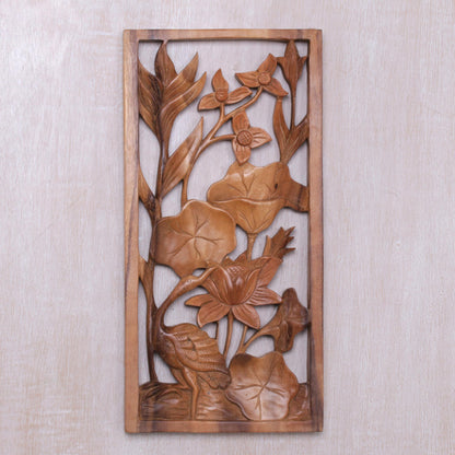 Heron Pond Heron Lilies and Lotus Wall Relief Panel in Hand Carved Wood