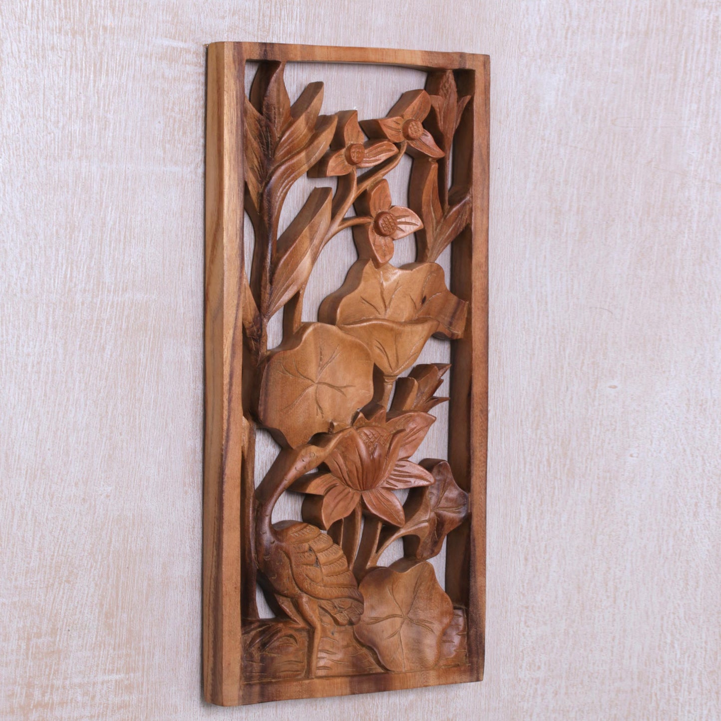 Heron Pond Heron Lilies and Lotus Wall Relief Panel in Hand Carved Wood