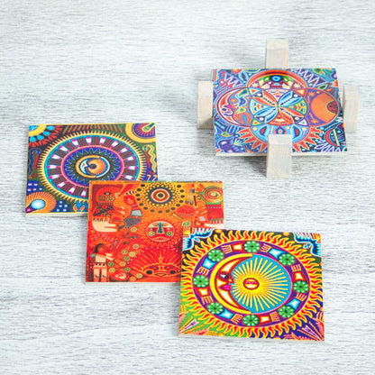 Huichol Sun and Moon Four Decoupage Pinewood Mexican Sun and Moon Motif Coasters