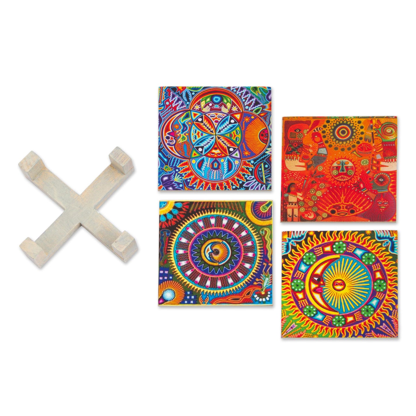 Huichol Sun and Moon Four Decoupage Pinewood Mexican Sun and Moon Motif Coasters