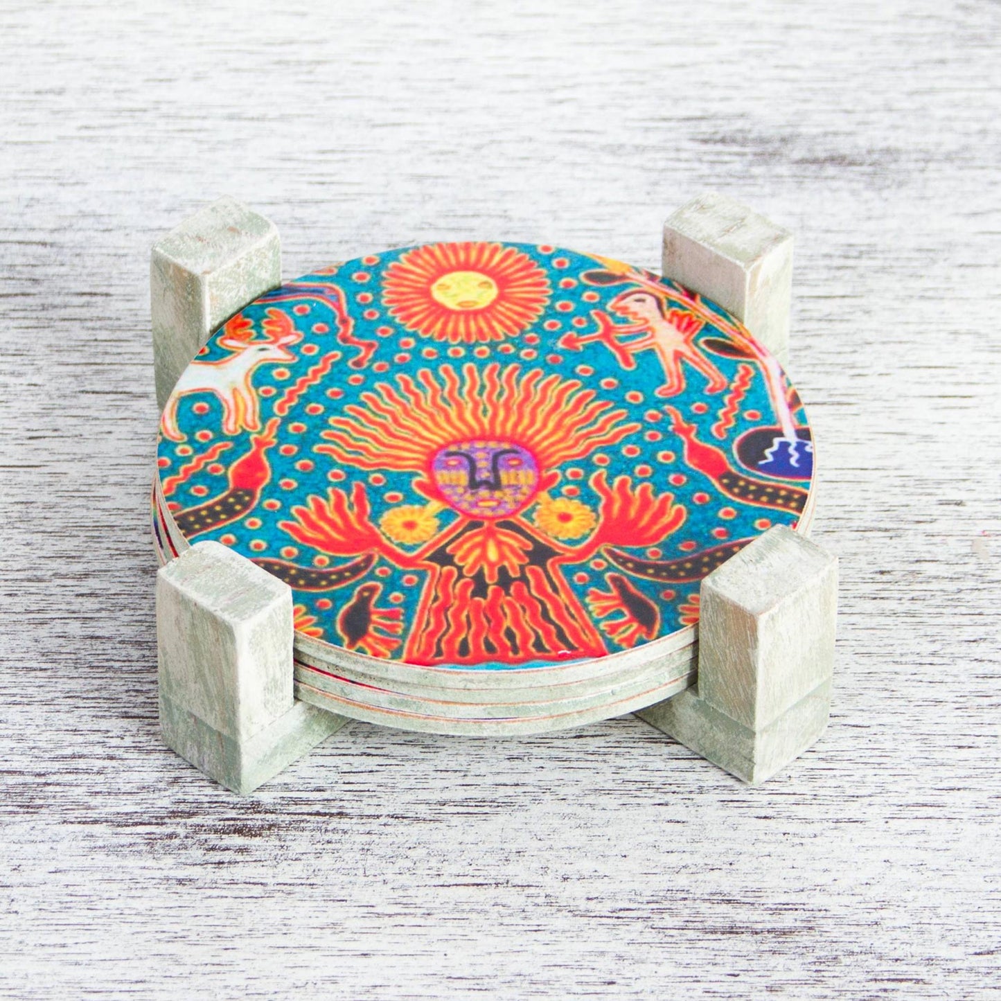 Round Huichol Four Round Multicolored Mexican Pinewood Decoupage Coasters