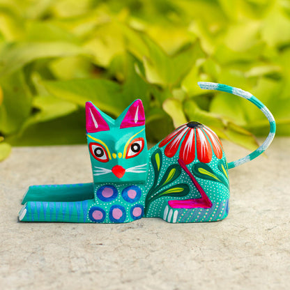 Excited Cat in Teal Copal Wood Alebrije Cat Sculpture in Teal from Mexico