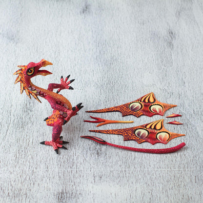 Mexican Dragon in Red Copal Wood Dragon Alebrije Sculpture in Red and Orange