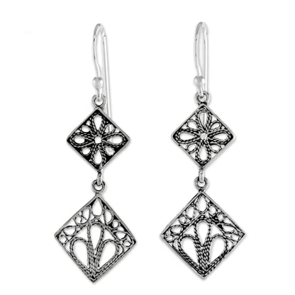 Wind in the Trees Sterling Silver Square Shaped Filigree Dangle Earrings