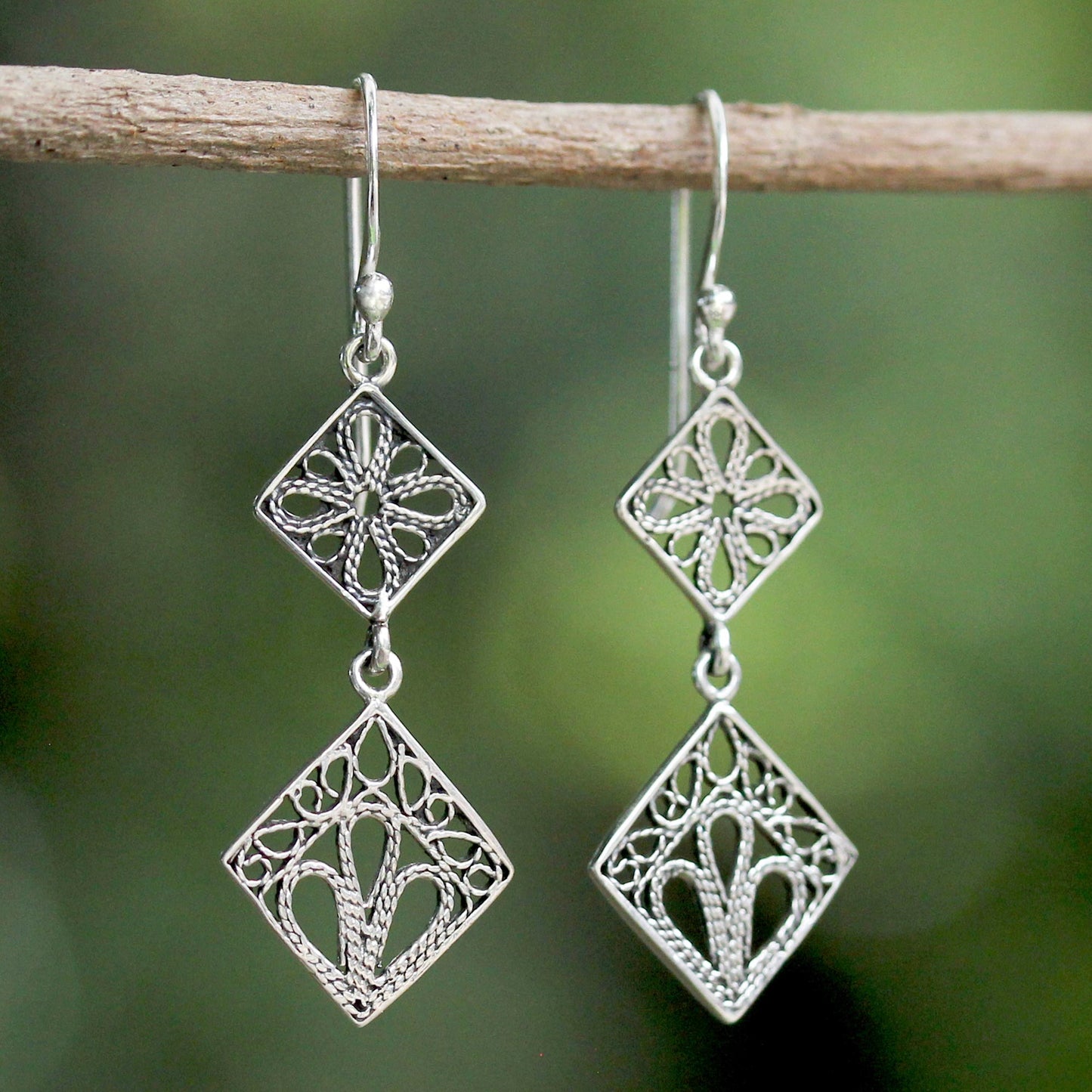 Wind in the Trees Sterling Silver Square Shaped Filigree Dangle Earrings