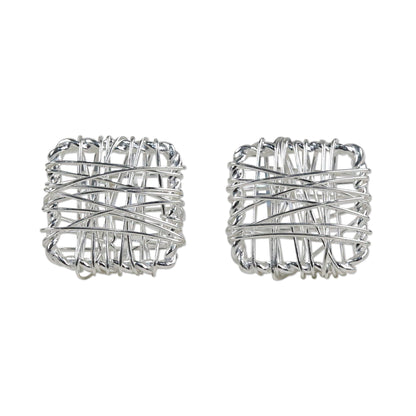 Crisscross Square Sterling Silver Wrap Square Stud Earrings Made in Thailand