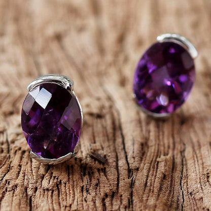 Precious Plum Amethyst and Sterling Silver Stud Earrings from Thailand