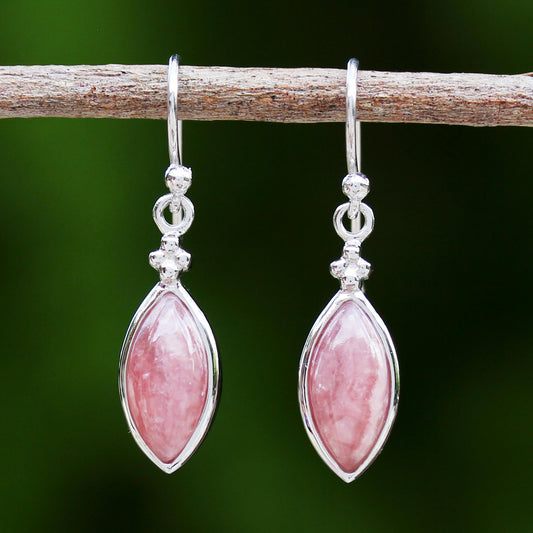 Knowing Eyes Rhodium Plated Rhodochrosite Dangle Earrings from Thailand