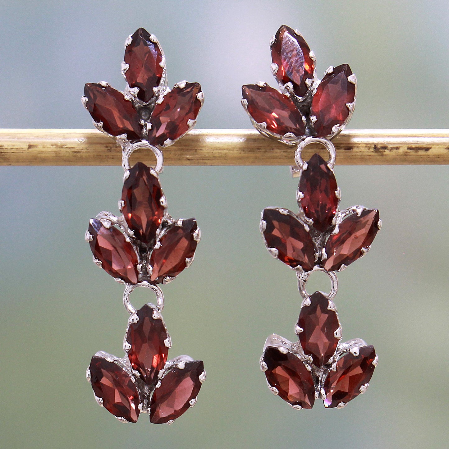 Radiant Red Leaves Garnet & Silver Dangle Earrings