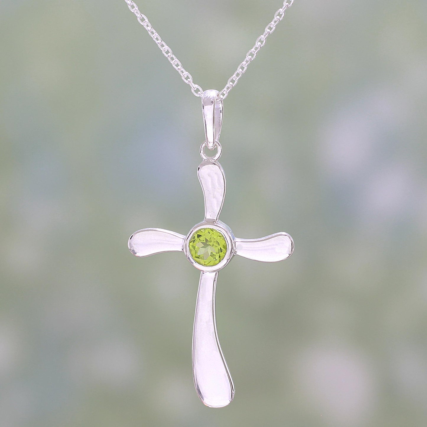 Heavenly Cross in Green Peridot and Sterling Silver Indian Cross Pendant Necklace