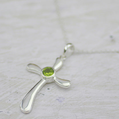 Heavenly Cross in Green Peridot and Sterling Silver Indian Cross Pendant Necklace