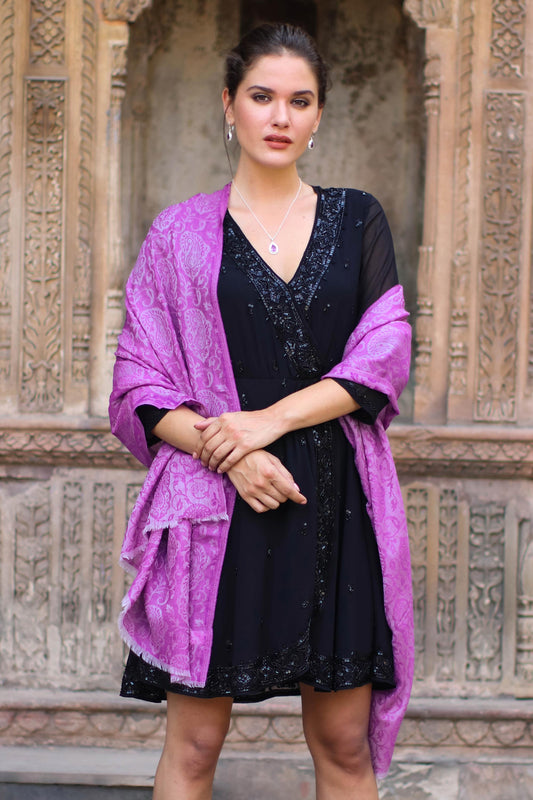 Wisteria Paisley Woven Wool Shawl with Paisley Motifs in Wisteria from India