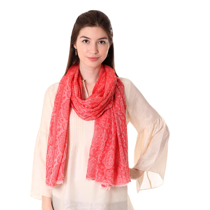 Strawberry Paisley Woven Indian Wool Shawl with Paisley Motifs in Strawberry