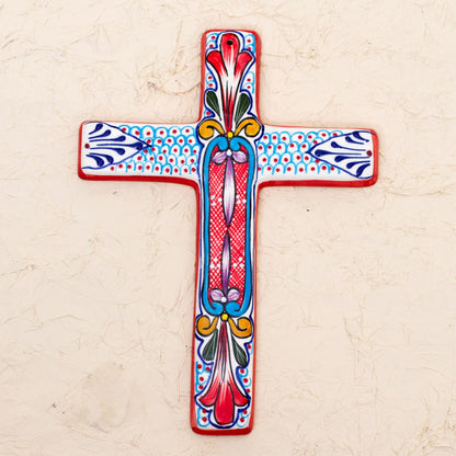 Red Lily Ceramic Wall Cross with Multicolored Motifs from Mexico