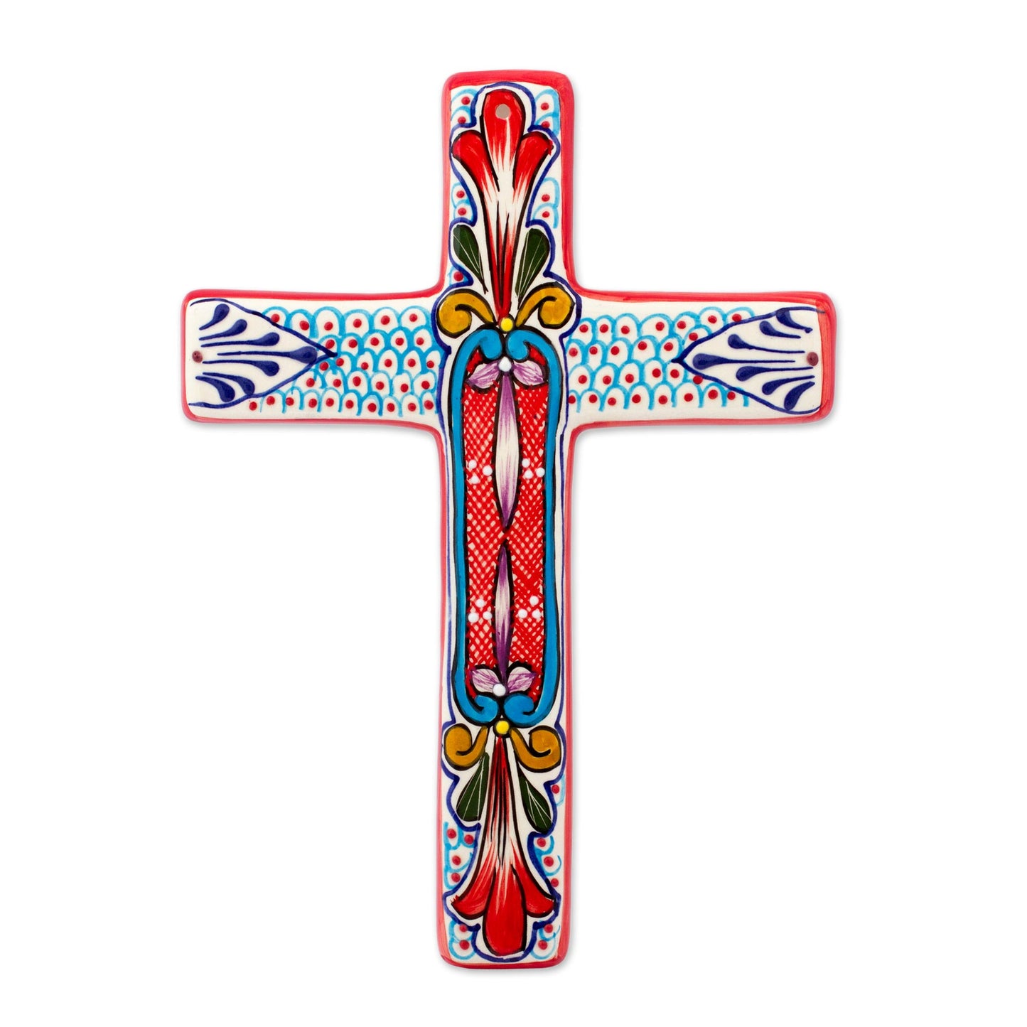 Red Lily Ceramic Wall Cross with Multicolored Motifs from Mexico