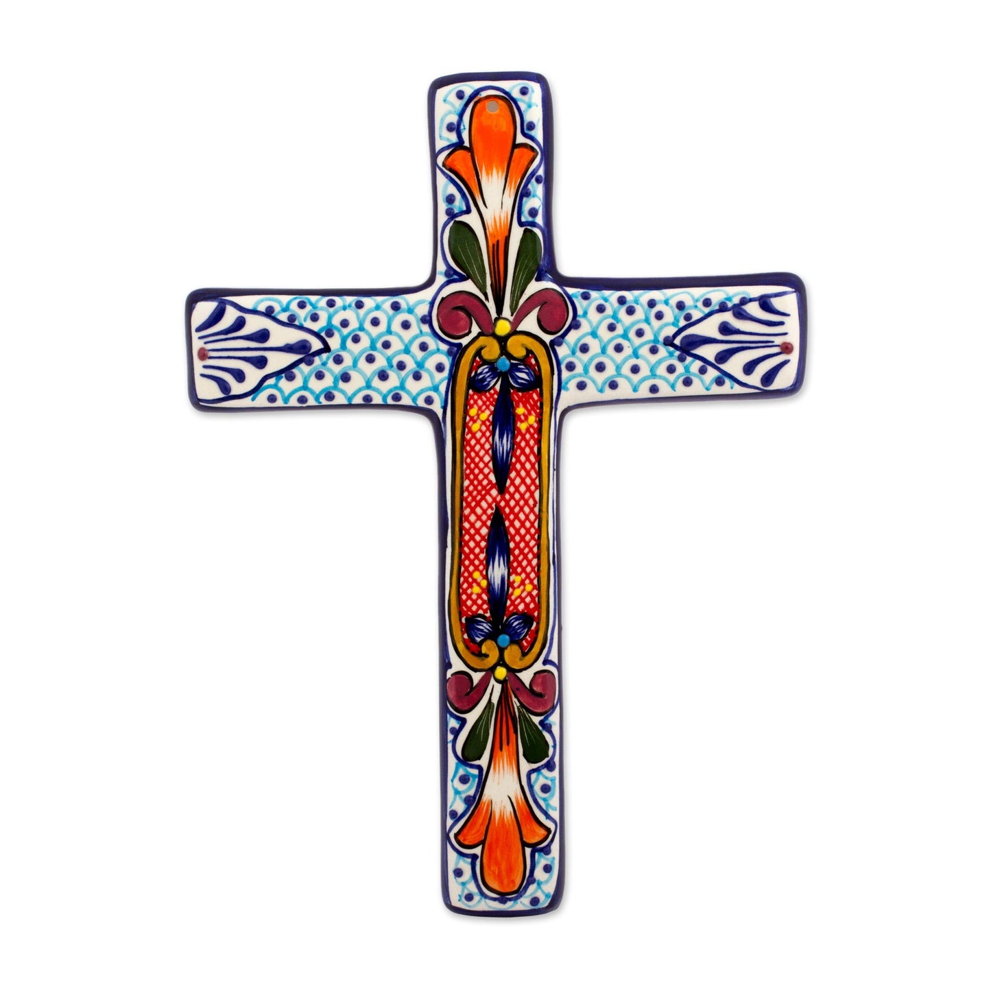 Orange Lily Hand Crafted Multicolored Ceramic Wall Cross From Mexico