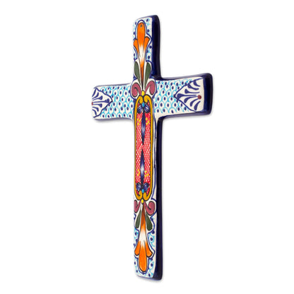 Orange Lily Hand Crafted Multicolored Ceramic Wall Cross From Mexico