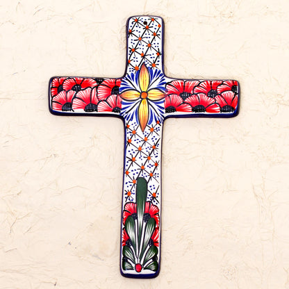 Flower Field Multicolored Ceramic Mexican Wall Cross with Floral Motifs