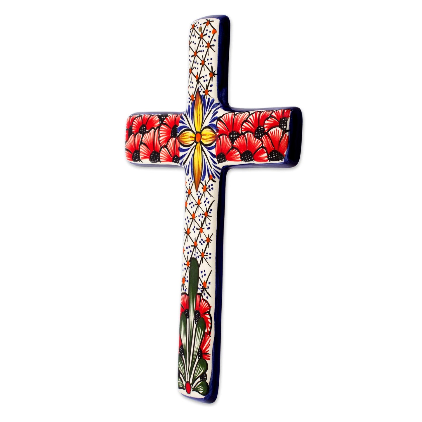 Flower Field Multicolored Ceramic Mexican Wall Cross with Floral Motifs