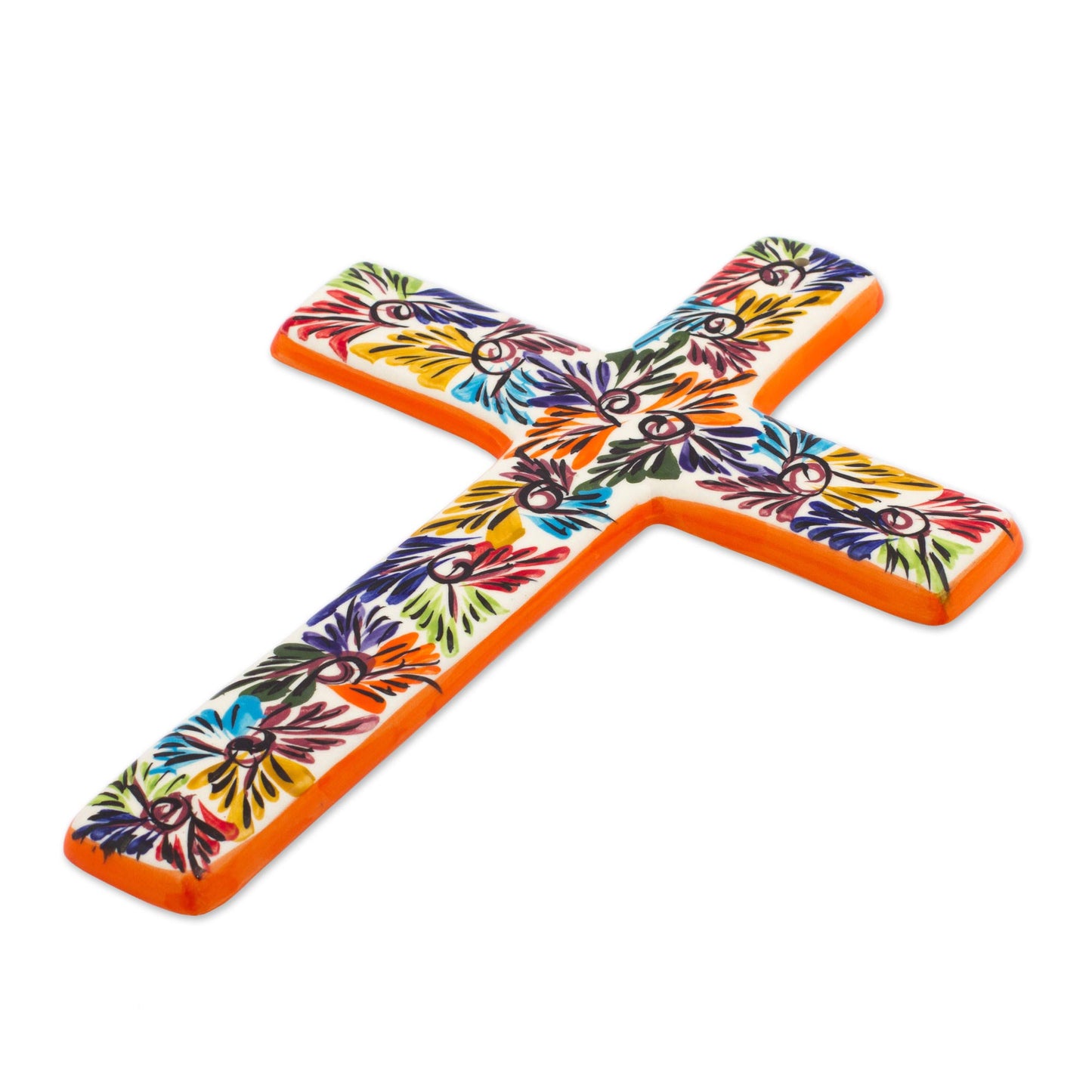 Spiritual Fireworks Artisan Crafted Multicolored Ceramic Wall Cross from Mexico