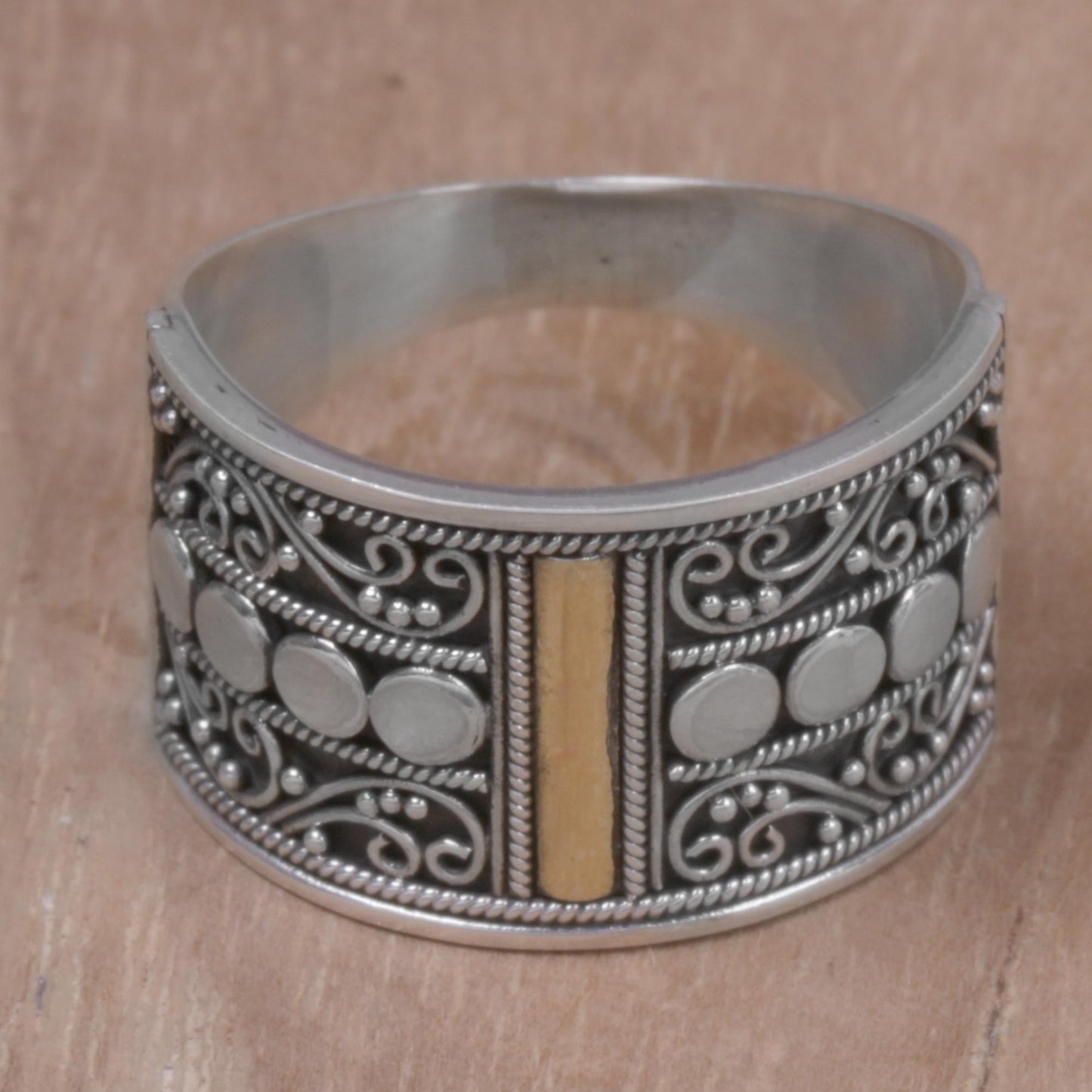 Golden Ubud Sky Gold Accent Sterling Silver Band Ring with Spiral Motifs