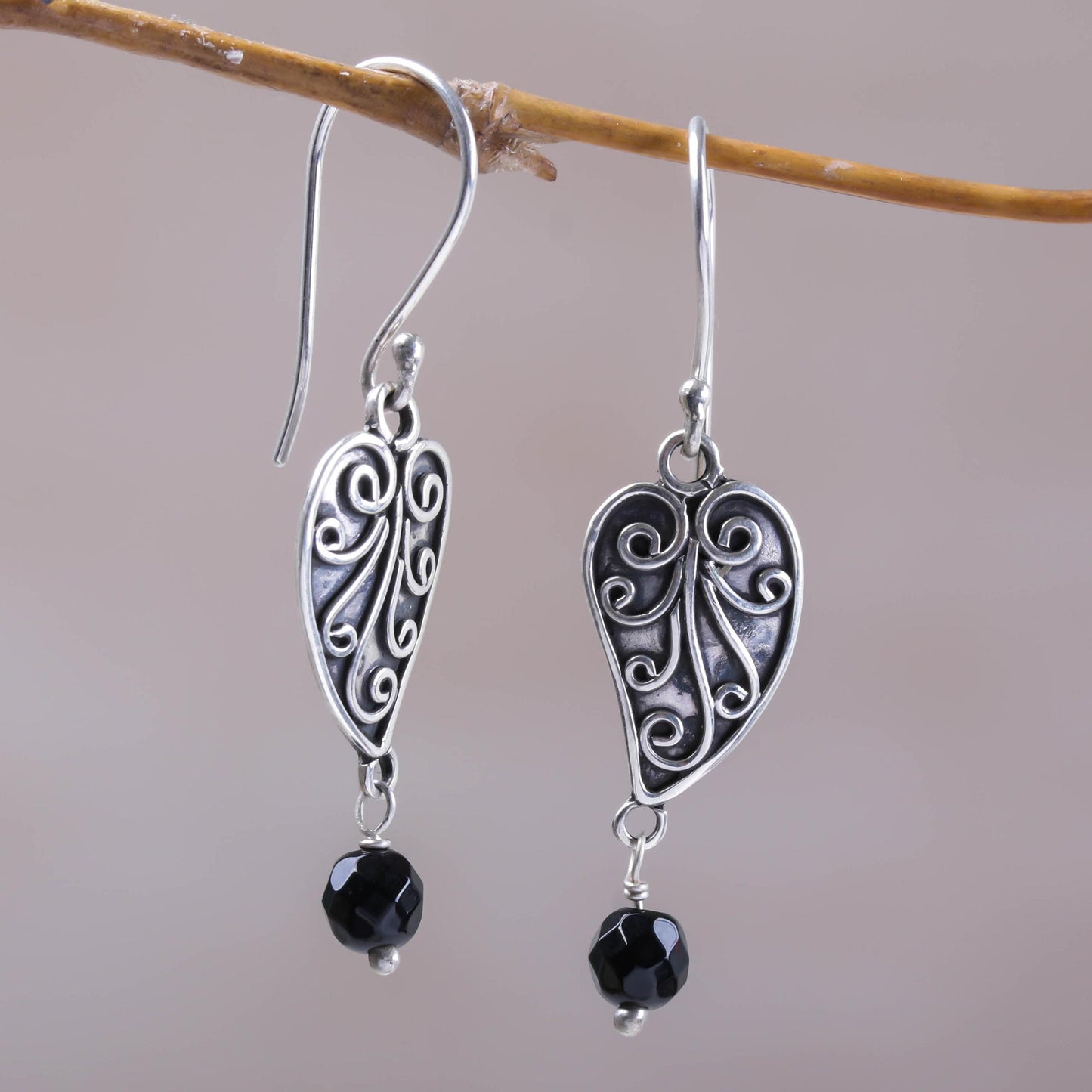 Love Leaf Sterling Silver and Onyx Leaf Dangle Earrings from Bali