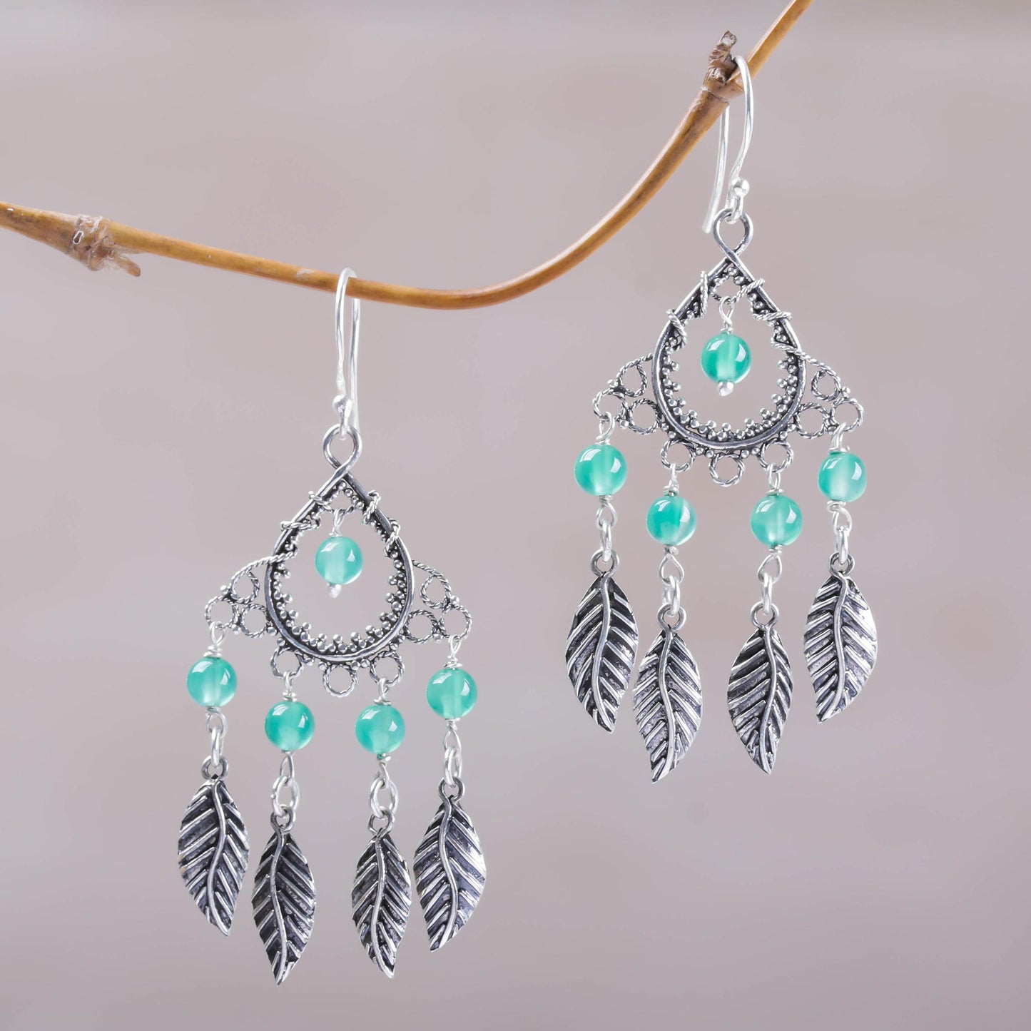 Garden Leaves Sterling Silver and Agate Leaf Chandelier Earrings from Bali