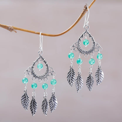 Garden Leaves Sterling Silver and Agate Leaf Chandelier Earrings from Bali