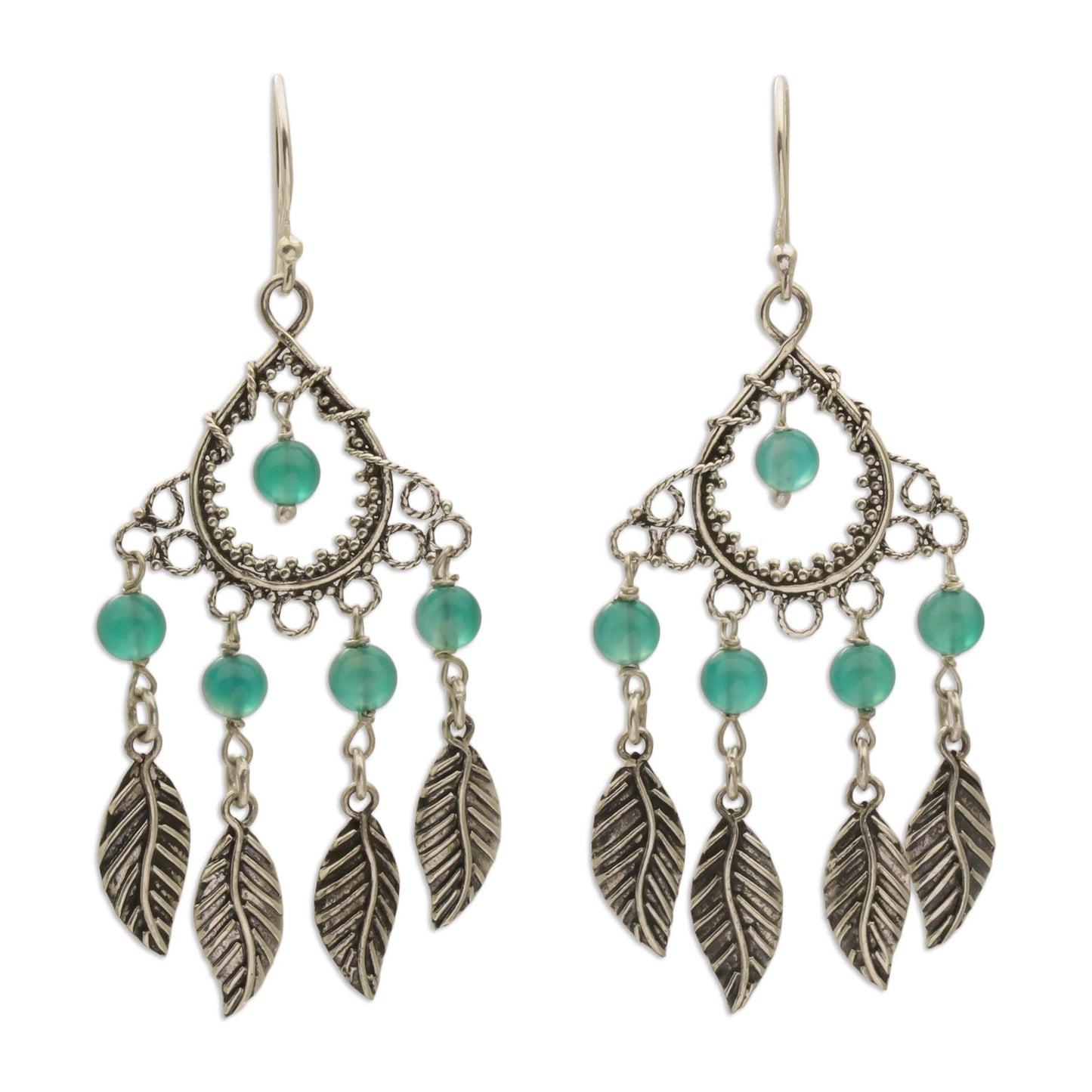 Garden Leaves Sterling Silver and Agate Leaf Chandelier Earrings from Bali