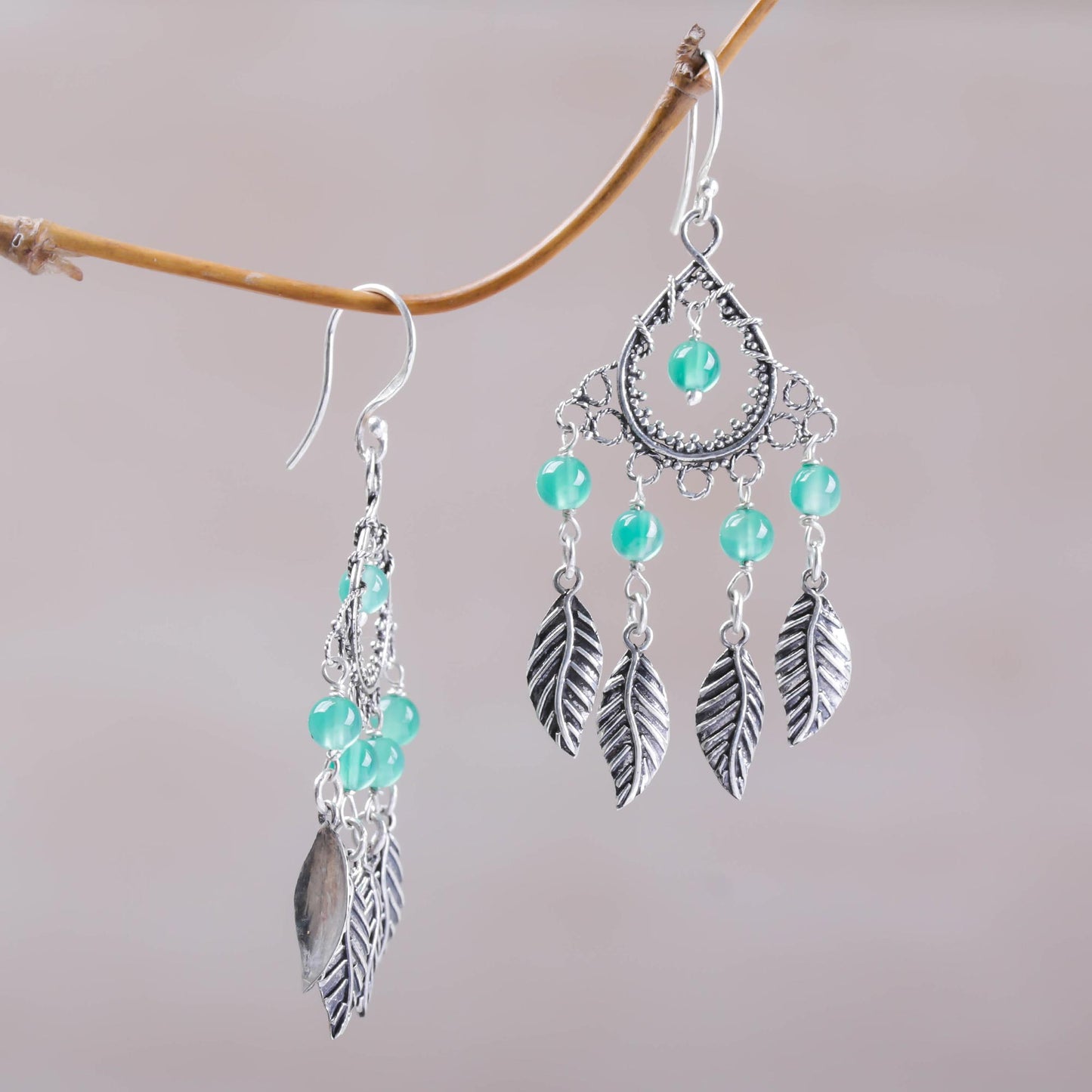 Garden Leaves Sterling Silver and Agate Leaf Chandelier Earrings from Bali